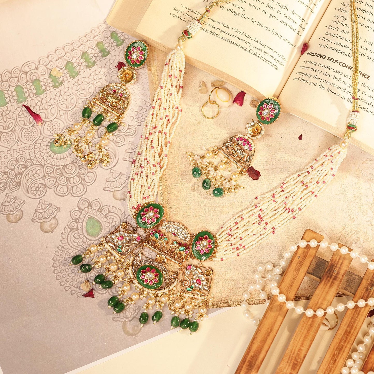 Multi Strand Pearl Choker Necklace Set with Green Kundan Pendant, Indian Bridal Jewelry, Wedding Necklace, Gold Choker with Earrings