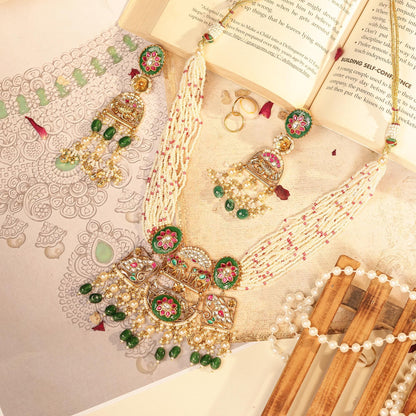 Multi Strand Pearl Choker Necklace Set with Green Kundan Pendant, Indian Bridal Jewelry, Wedding Necklace, Gold Choker with Earrings
