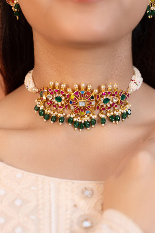 Pearl Polki Beaded Choker Necklace Set, Gold Plated Jewelry, Statement Choker with Earrings, Gift for her