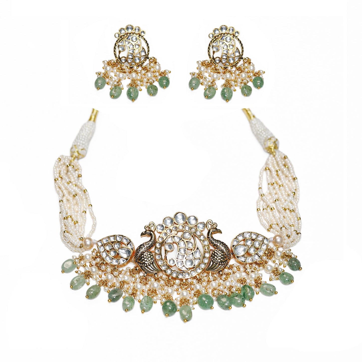 Kundan Choker Necklace Set with Earrings, Peacock Bridal Jewelry, Pearl Multi Strand Choker, Wedding Jewelry, Ethnic Necklace Jewelry