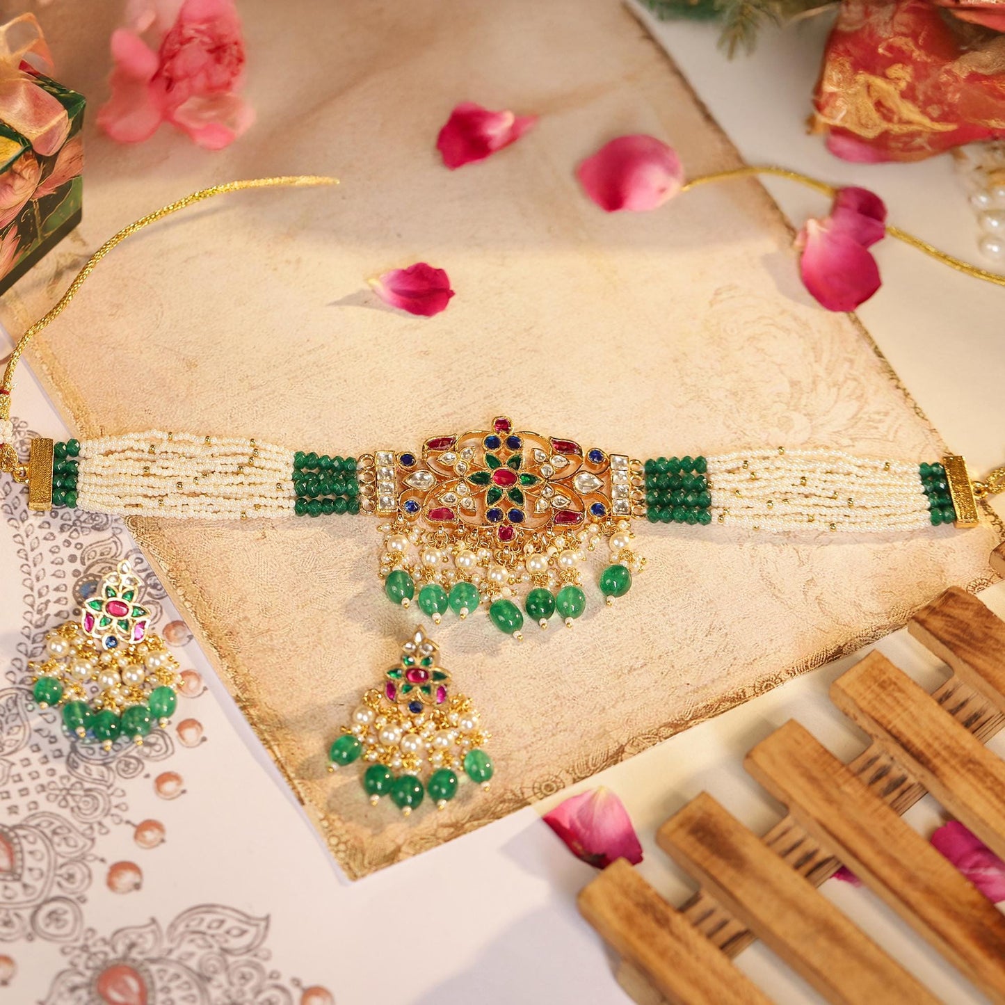 Gold Plated Kundan Choker Set, Green Bead Bridal Necklace, Handmade Indian Wedding Jewelry