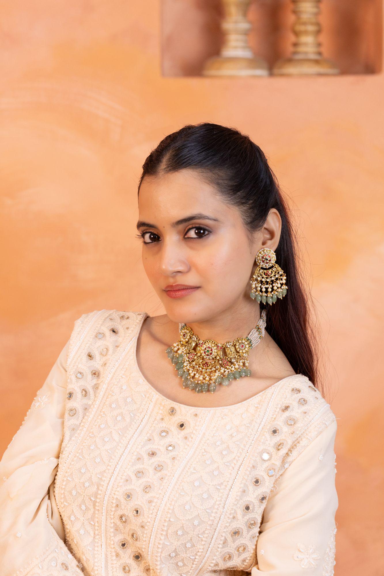 Pearl Kundan Stone Choker Necklace Earrings Set with Pearl Beads, Indian Handmade Bridal Jewelry