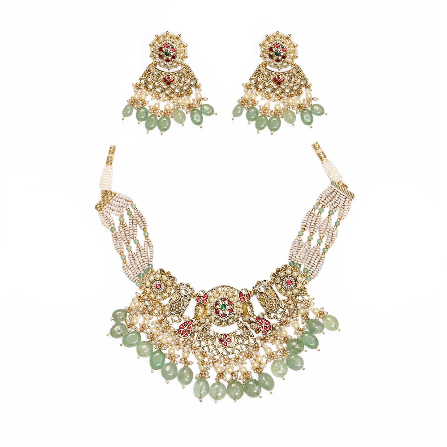 Pearl Kundan Stone Choker Necklace Earrings Set with Pearl Beads, Indian Handmade Bridal Jewelry