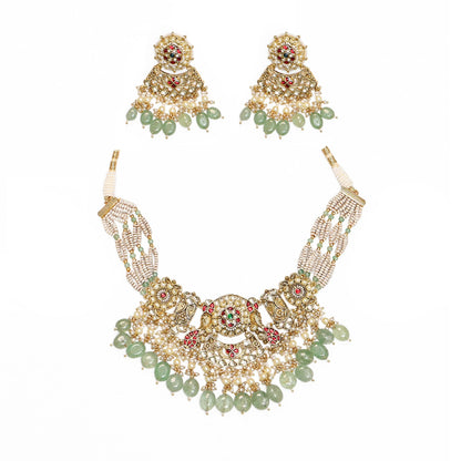 Pearl Kundan Stone Choker Necklace Earrings Set with Pearl Beads, Indian Handmade Bridal Jewelry