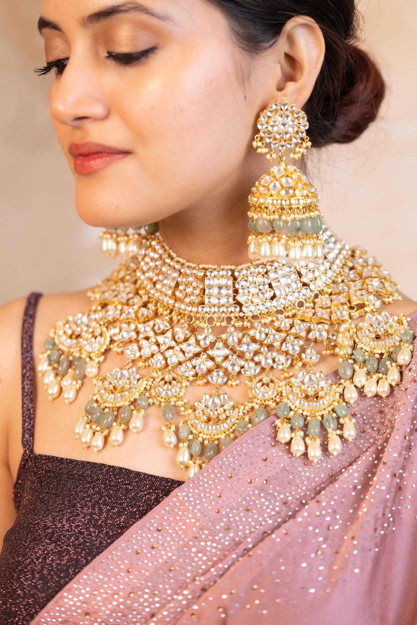 Kundan Bridal Necklace Set with Mint Green Beads, Indian Wedding Jewelry Set, Gold Pearl Choker Necklace, Pakistani Bridal Jewelry