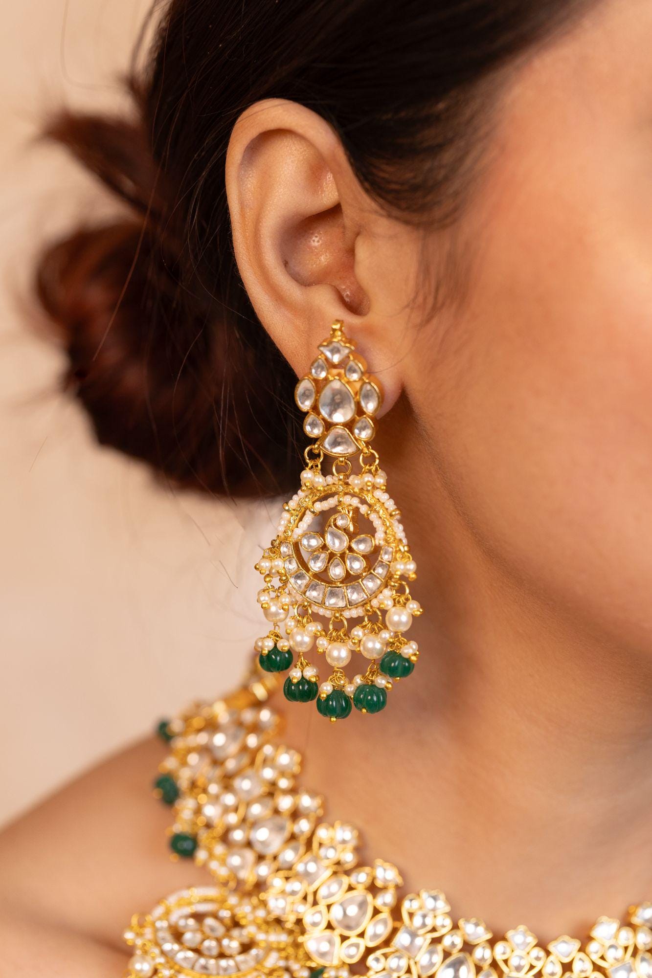 Kundan Polki Choker Green Beads Necklace Set: Indian Wedding Jewelry, 18k Gold Plated Bridal Jewelry Gift for her