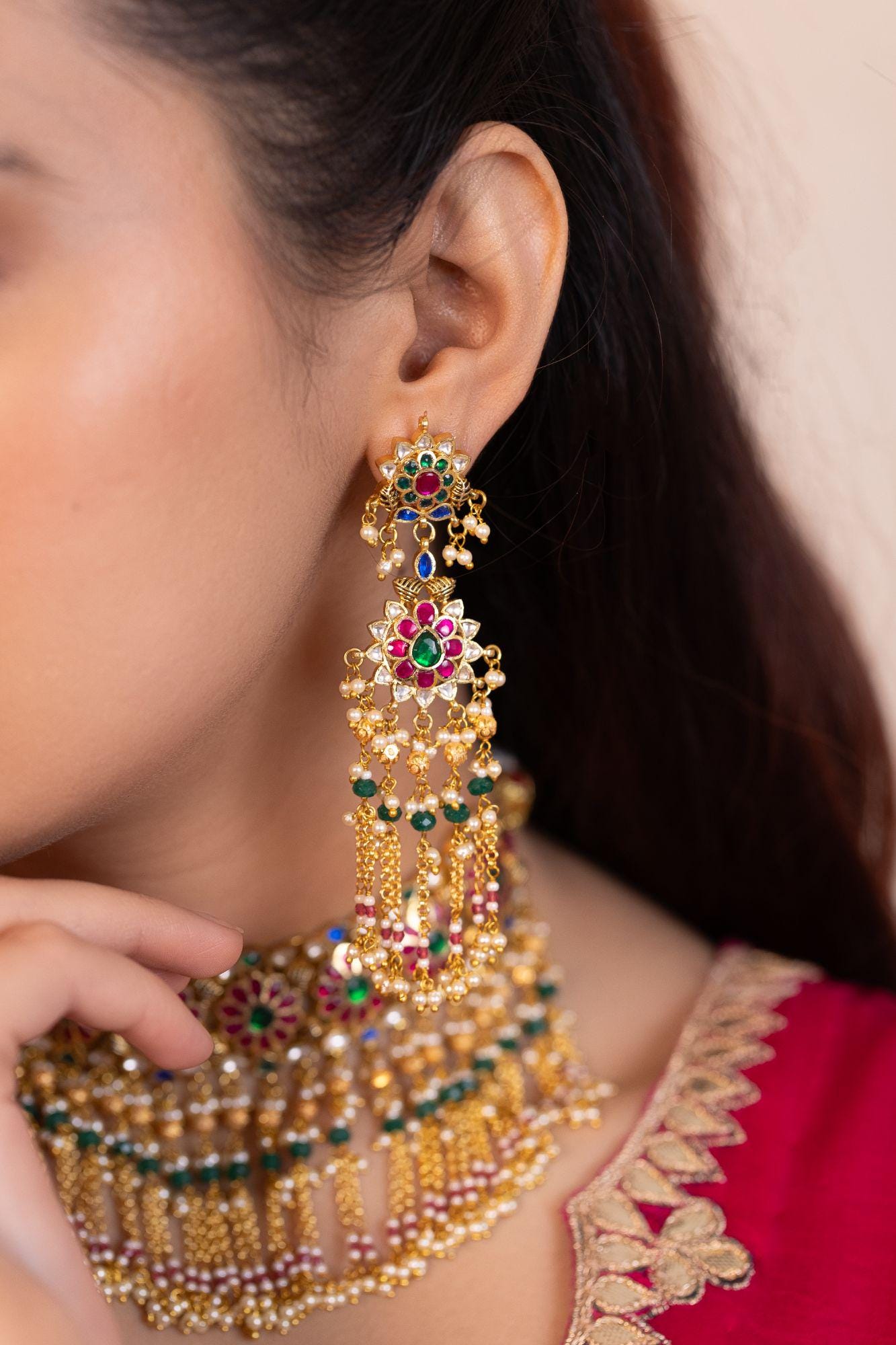 Gold Plated Pink Kundan & Pearl Choker Set Necklace Traditional Indian Wedding Jewelry