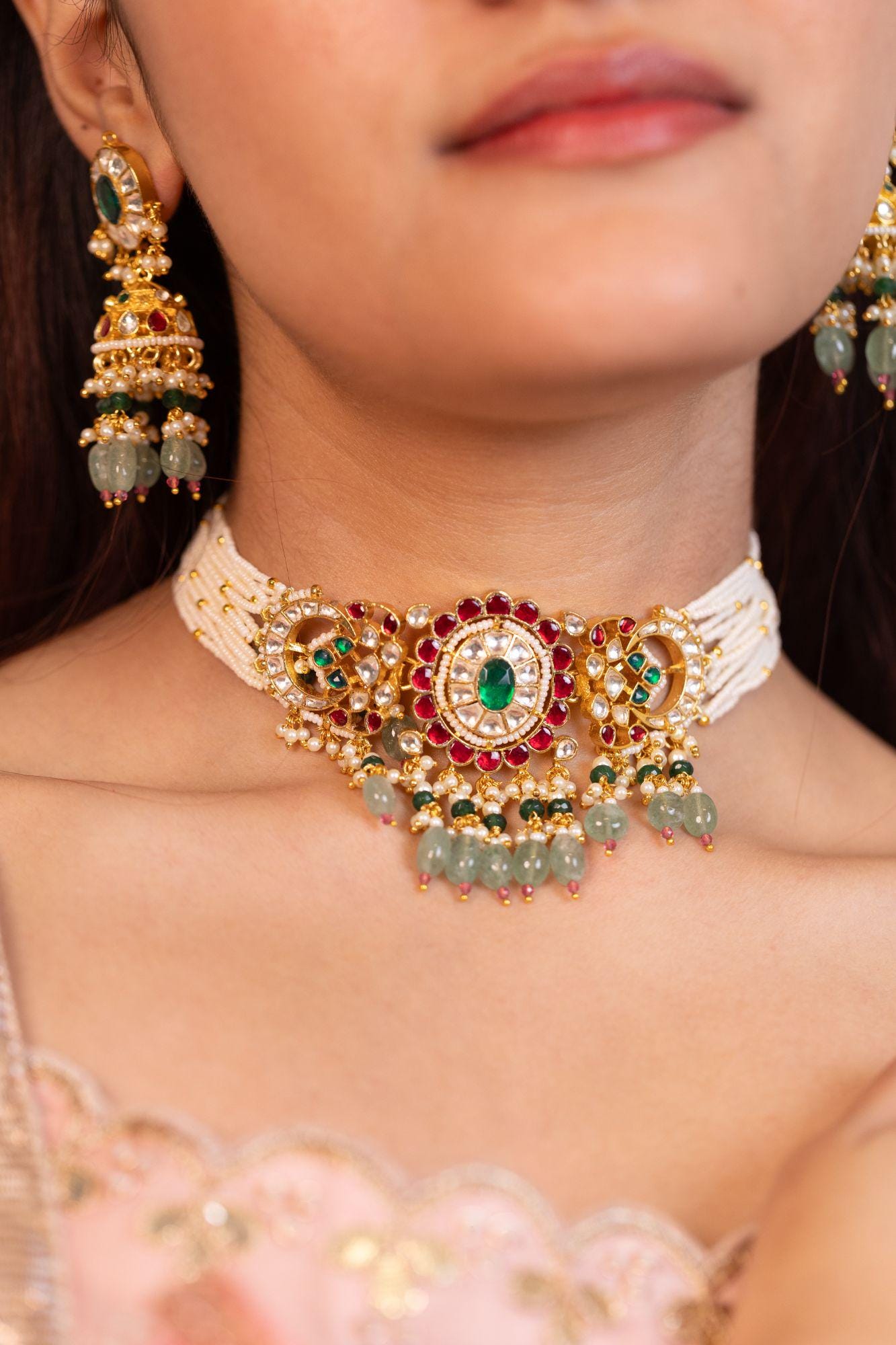 Kundan Pearl Choker Set with Beads  Gold Polki Bridal Necklace & Earrings, Indian Wedding Jewelry, Traditional Ethnic Choker Necklace
