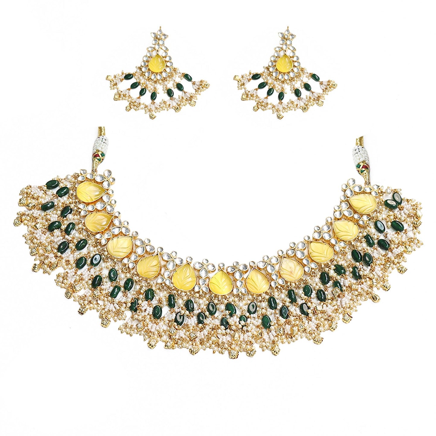 Bridal Kundan Necklace Set, Yellow & Green Statement Wedding Jewelry, Traditional Indian Choker Set with Earrings, Gold Bridal Jewelry