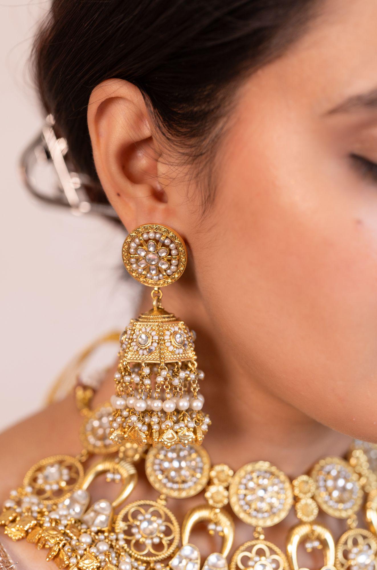 Gold Kundan Bridal Necklace Set with Pearl Jhumka Earrings, Traditional Indian Wedding Jewelry, Statement Choker Set