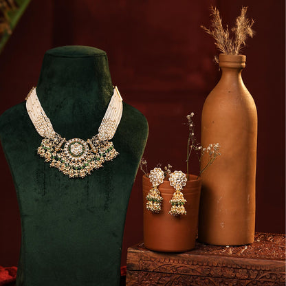Green Kundan Choker Necklace Set with Pearl Strands, Indian Wedding Jewelry, Statement Choker with Jhumka Earrings, Gold Bridal Set