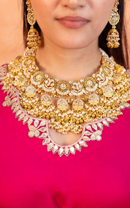 Gold Kundan Bridal Necklace Set with Pearl Jhumka Earrings, Traditional Indian Wedding Jewelry, Statement Choker Set