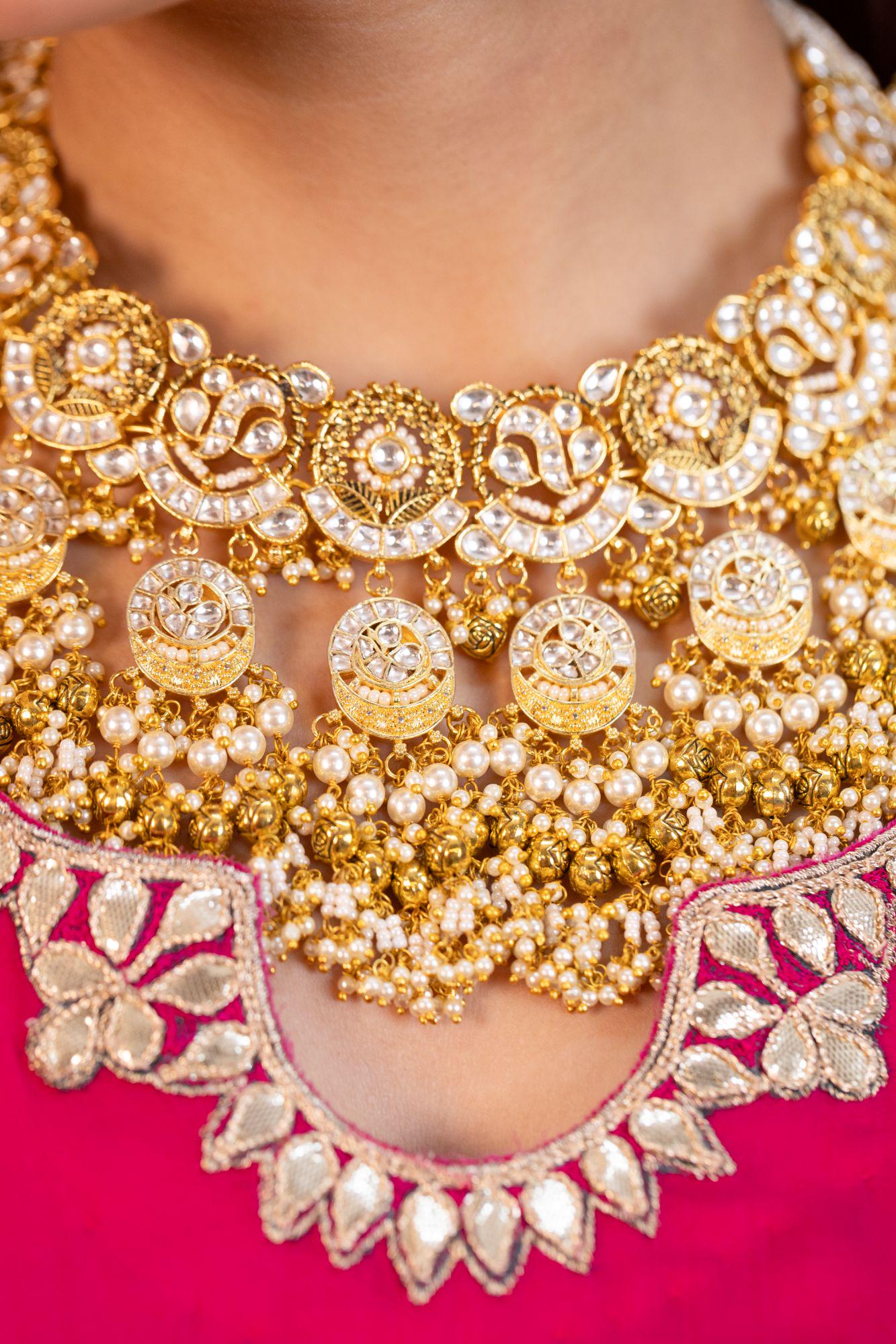 Gold Kundan Bridal Necklace Set with Pearl Jhumka Earrings, Traditional Indian Wedding Jewelry, Statement Choker Set