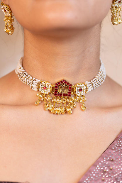 Handmade Choker Necklace Set with Earrings, Pearl Multi Strand Indian Wedding Jewelry, Polki Gold Choker, Ethnic Bridal Jewelry Set