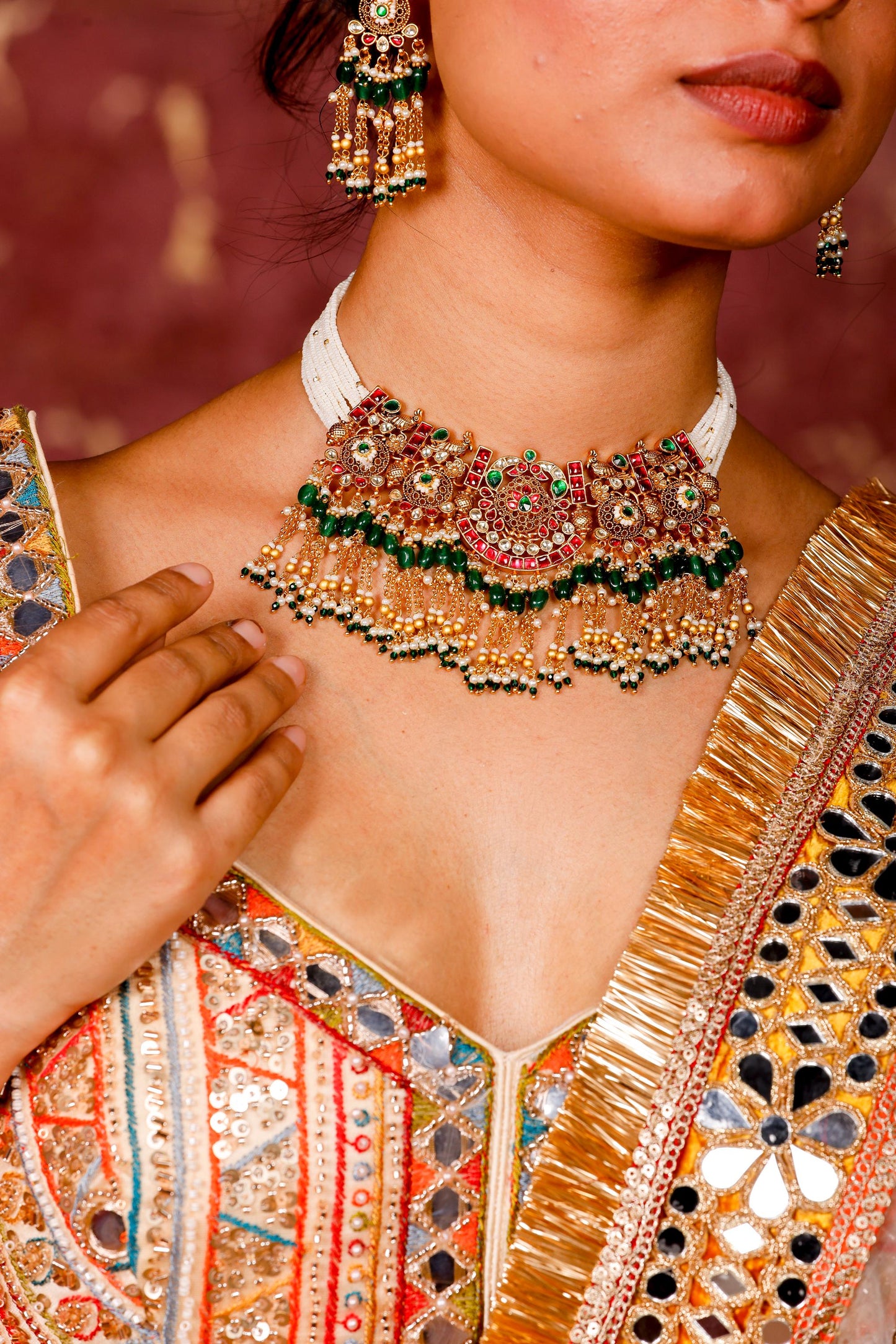 Kundan Pearl Choker Necklace Set with Green Beads  Gold Polki Bridal Jewelry Set with Earrings, Wedding Choker, Traditional Ethnic Jewelry