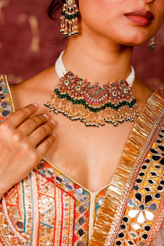 Kundan Pearl Choker Necklace Set with Green Beads  Gold Polki Bridal Jewelry Set with Earrings, Wedding Choker, Traditional Ethnic Jewelry