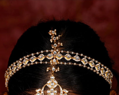 Kundan Pearl Matha Patti Headpiece, Gold Boho Bridal Wedding Hair Accessory