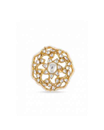 Adjustable Gold Kundan Pearl Bridal Ring Jewelry