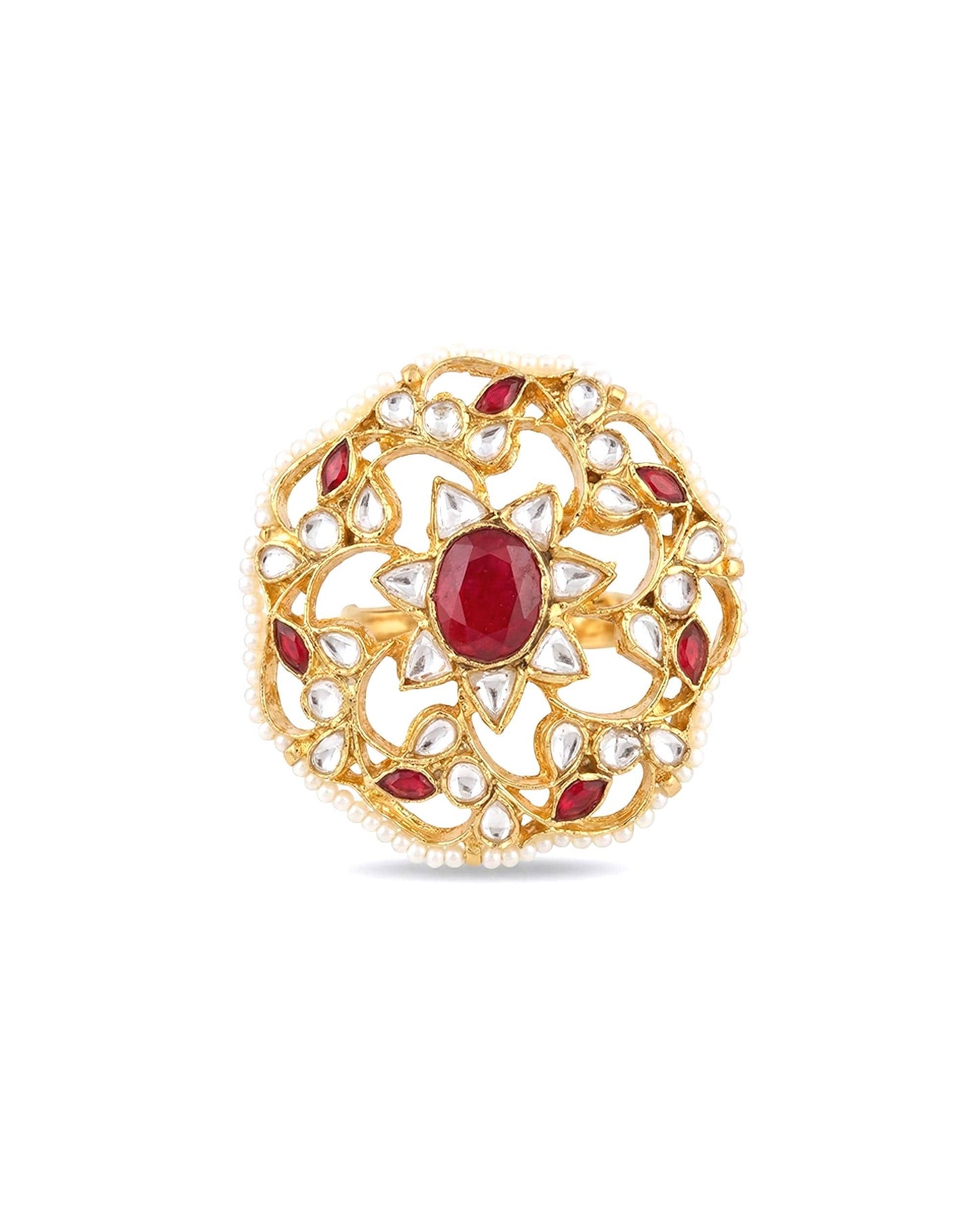 Pearl Kundan Floral Ring Bridal Jewelry, Adjustable Gold Plated Mandala Design, Wedding Ethnic Festival Statement Jewelry for Women