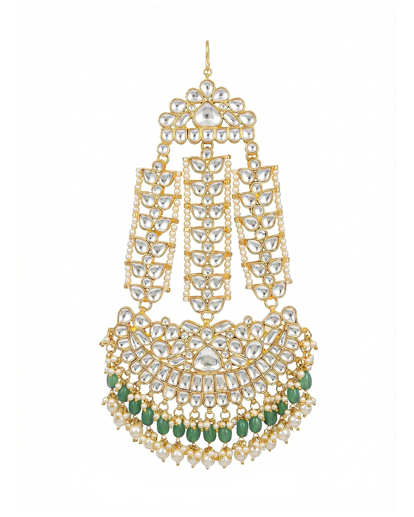 Handmade White Polki Bridal Pasa Jhoomar Jewelry with Green Bead Side Headpiece, Mughal Kundan Pearl Head Accessory for Traditional Weddings