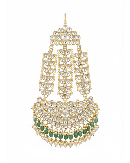 Handmade White Polki Bridal Pasa Jhoomar Jewelry with Green Bead Side Headpiece, Mughal Kundan Pearl Head Accessory for Traditional Weddings