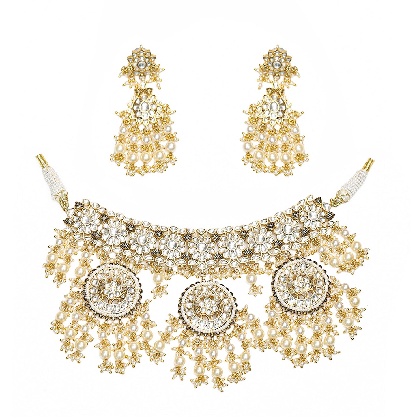Kundan Pearl Bridal Necklace Set, Indian Wedding Jewelry Set, Gold Choker Necklace with Earrings, Traditional Bridal Jewelry