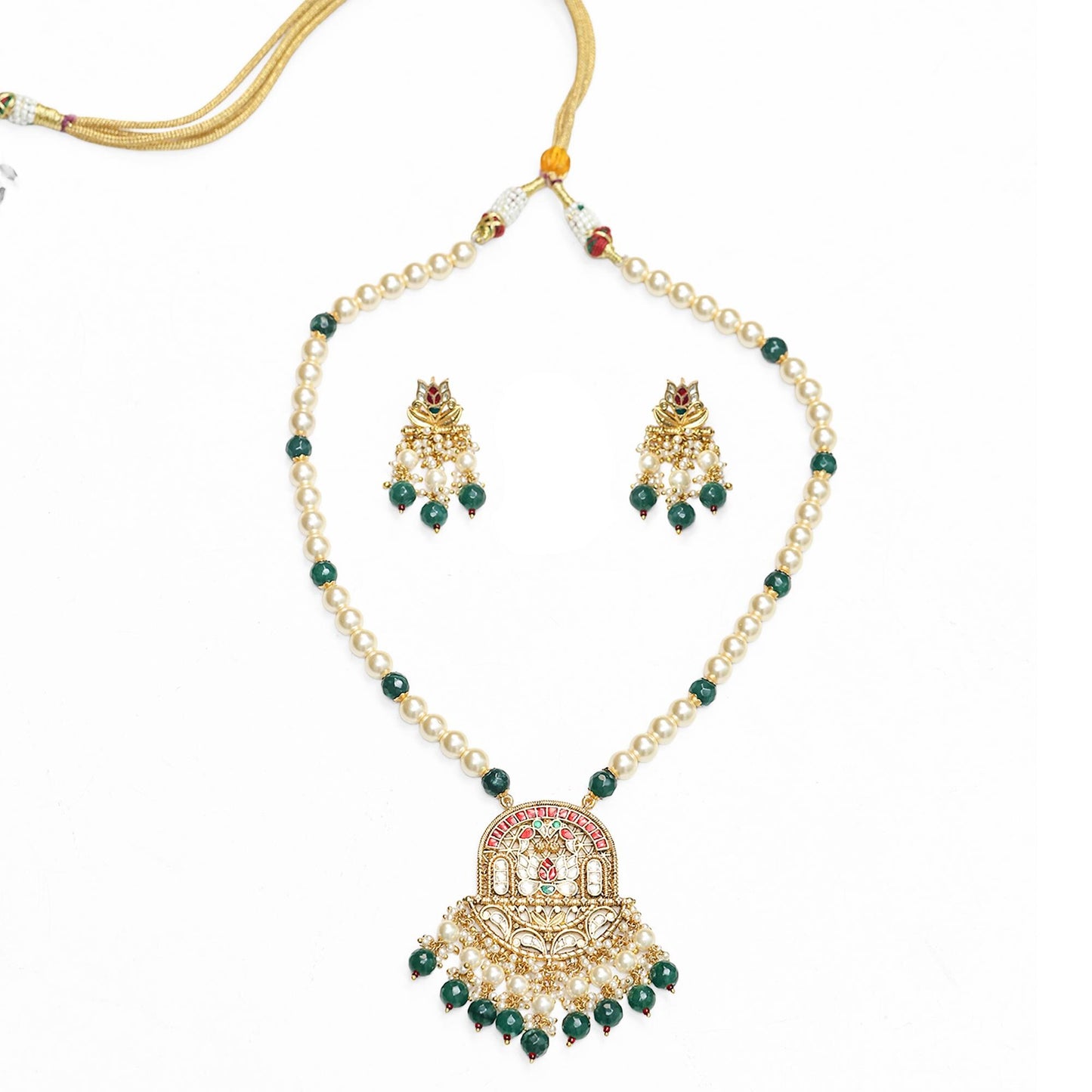 Green Pearl Pendant Necklace Set, Indian Ethnic Jewelry, Long Beaded Pendant, Traditional Gold Necklace Set, Festive Jewelry