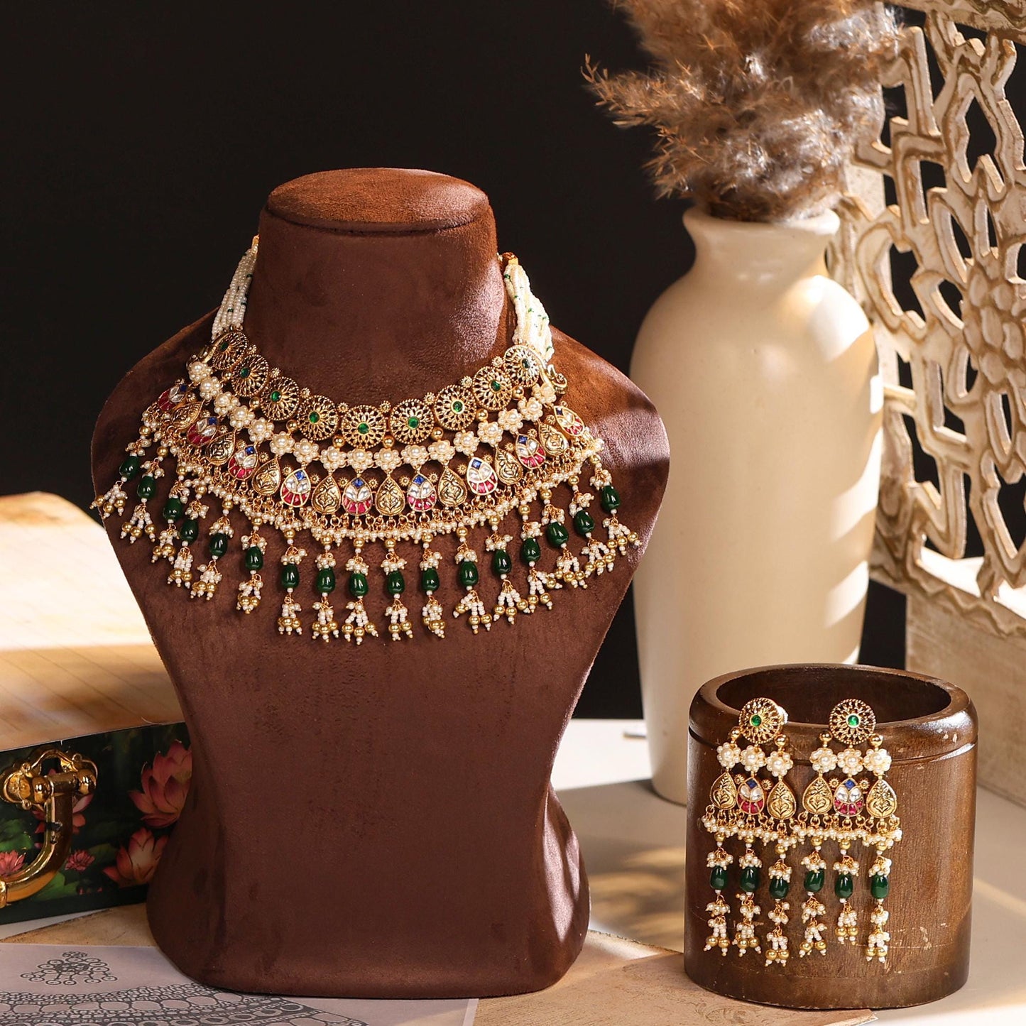 Kundan Meenakari Bridal Choker Necklace Set, Green Bead Pearl Wedding Jewelry, Indian Gold Bridal Jewelry Set with Earrings
