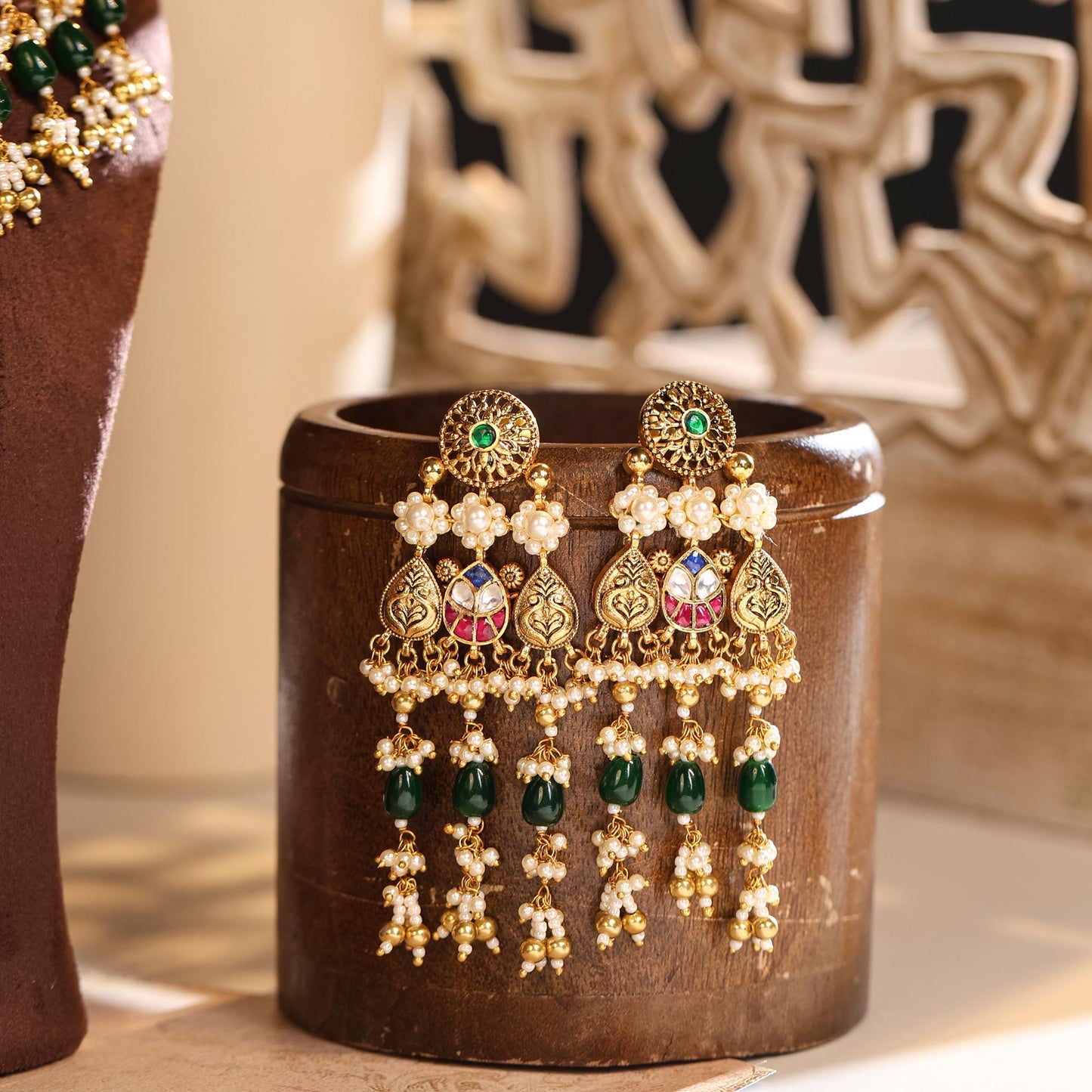 Kundan Meenakari Bridal Choker Necklace Set, Green Bead Pearl Wedding Jewelry, Indian Gold Bridal Jewelry Set with Earrings