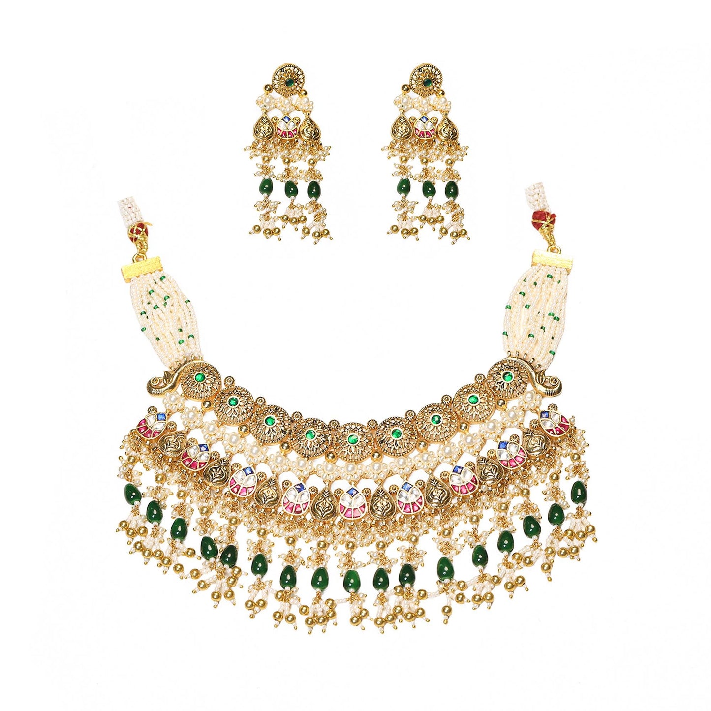 Kundan Meenakari Bridal Choker Necklace Set, Green Bead Pearl Wedding Jewelry, Indian Gold Bridal Jewelry Set with Earrings