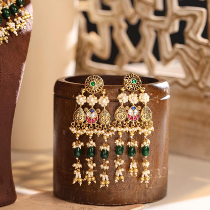 Kundan Meenakari Bridal Choker Necklace Set, Green Bead Pearl Wedding Jewelry, Indian Gold Bridal Jewelry Set with Earrings