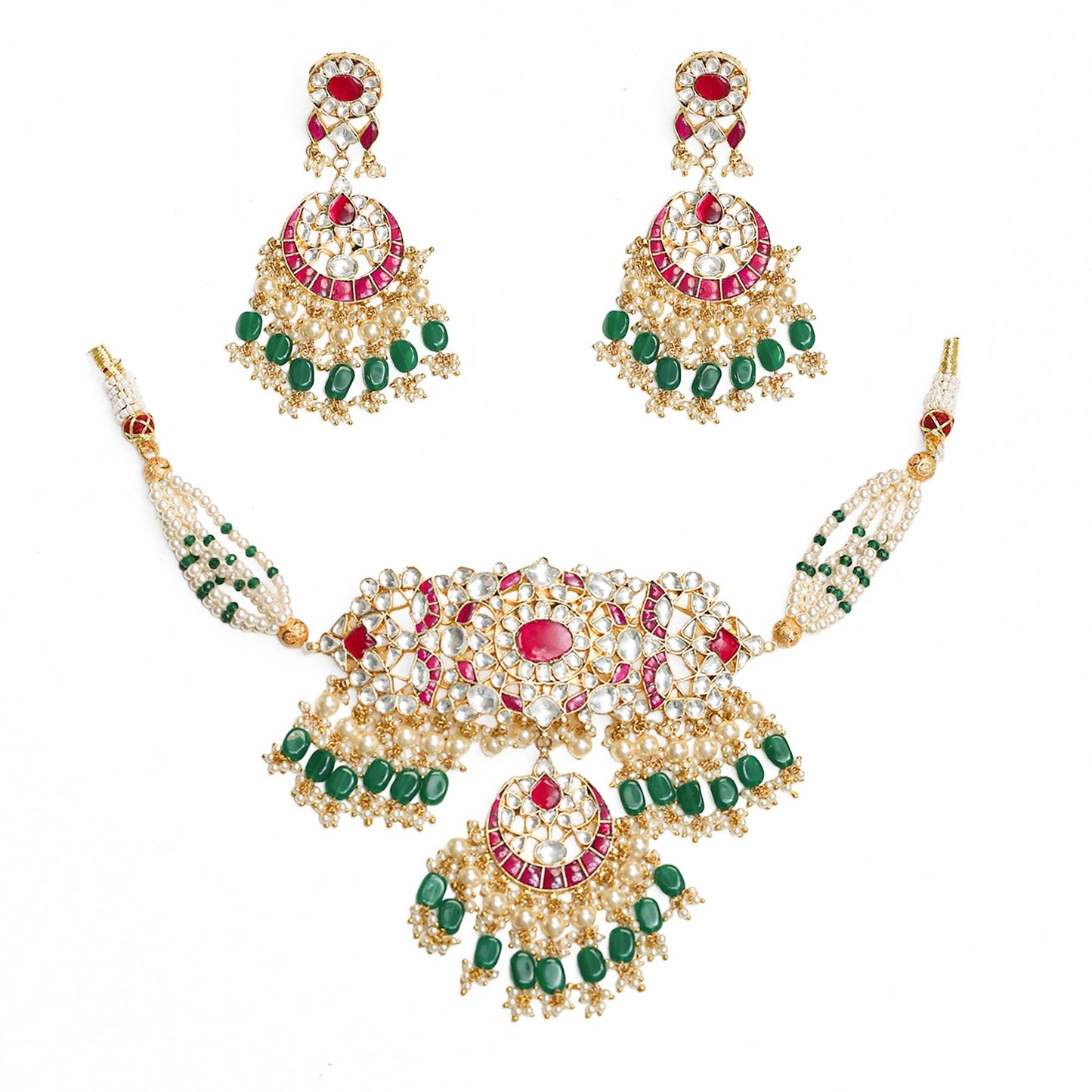 Kundan Bridal Choker Necklace Set, Red Green Pearl Indian Wedding Jewelry, Meenakari Gold Choker Set with Earrings, Statement Ethnic Jewelry