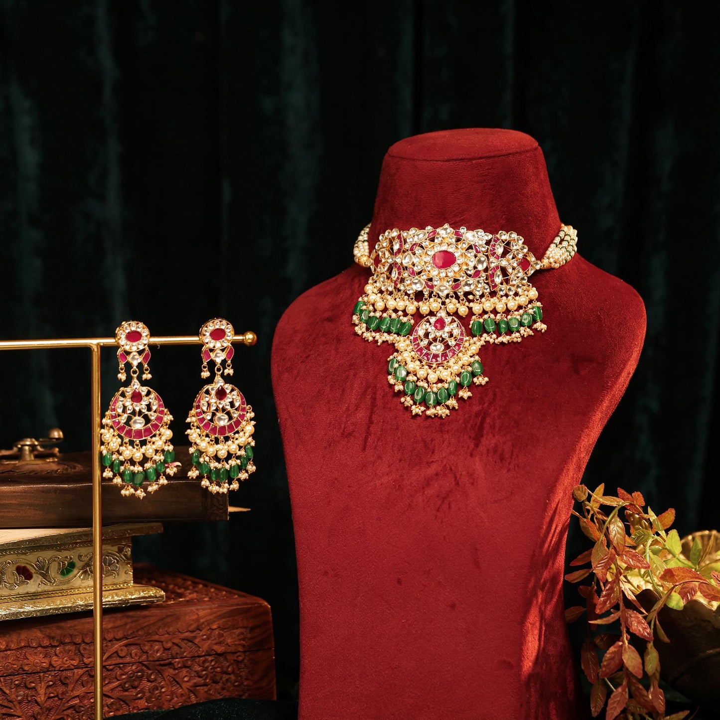 Kundan Bridal Choker Necklace Set, Red Green Pearl Indian Wedding Jewelry, Meenakari Gold Choker Set with Earrings, Statement Ethnic Jewelry