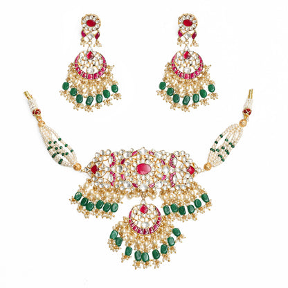 Kundan Bridal Choker Necklace Set, Red Green Pearl Indian Wedding Jewelry, Meenakari Gold Choker Set with Earrings, Statement Ethnic Jewelry