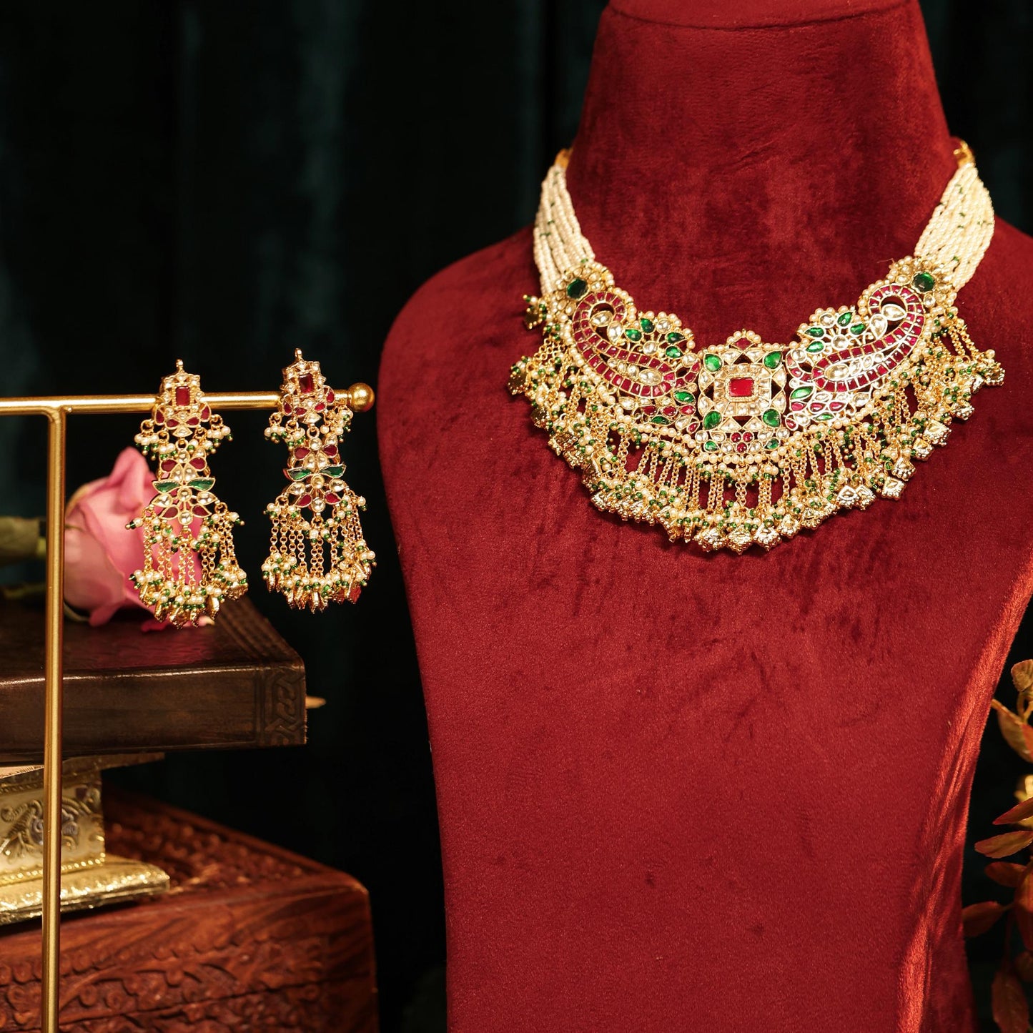 Meenakari Bridal Choker Necklace Set, Red Green Indian Wedding Jewelry, Pearl Beaded Choker Set with Earrings, Statement Ethnic Jewelry
