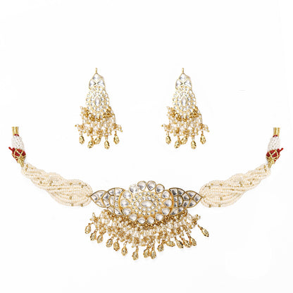 Pearl Kundan Choker Necklace Set with Earrings, Indian Bridal Jewelry, White Stone Choker, Traditional Wedding Jewelry, Gold Necklace