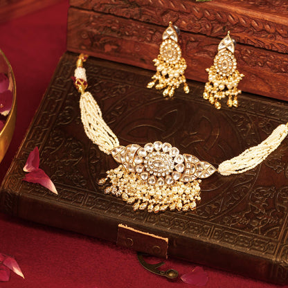 Pearl Kundan Choker Necklace Set with Earrings, Indian Bridal Jewelry, White Stone Choker, Traditional Wedding Jewelry, Gold Necklace