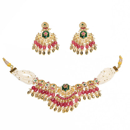 Pink Kundan Choker Necklace Set with Earrings, Indian Bridal Jewelry, Green Beaded Choker, Traditional Wedding Necklace, Pearl Drop Jewelry