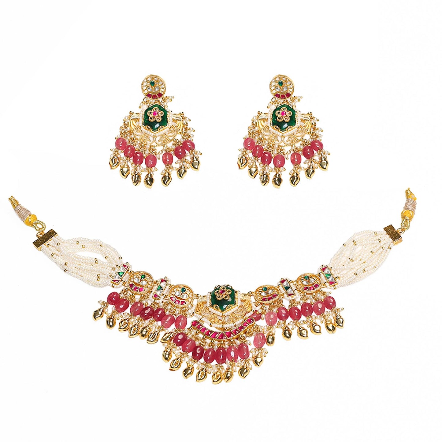 Pink Kundan Choker Necklace Set with Earrings, Indian Bridal Jewelry, Green Beaded Choker, Traditional Wedding Necklace, Pearl Drop Jewelry