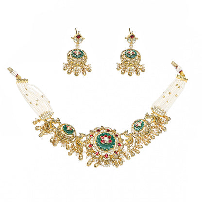 Kundan Choker Set with Green Bead Necklace & Earrings, Indian Bridal Wedding Jewelry gift for her