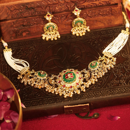 Kundan Choker Set with Green Bead Necklace & Earrings, Indian Bridal Wedding Jewelry gift for her