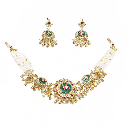 Kundan Choker Set with Green Bead Necklace & Earrings, Indian Bridal Wedding Jewelry gift for her