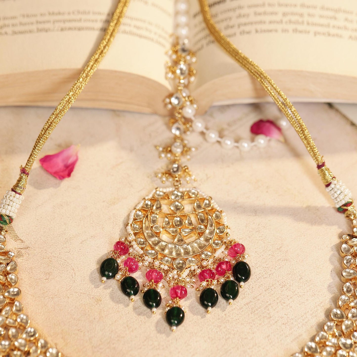 Kundan Necklace Set with Earrings Maang Tikka, Bridal Indian Jewelry Set, Gold Plated Polki Choker, Pink & Green Stone Wedding Jewelry