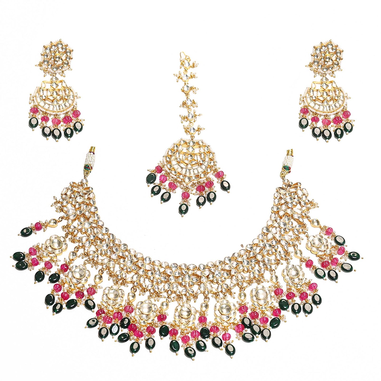 Kundan Necklace Set with Earrings Maang Tikka, Bridal Indian Jewelry Set, Gold Plated Polki Choker, Pink & Green Stone Wedding Jewelry