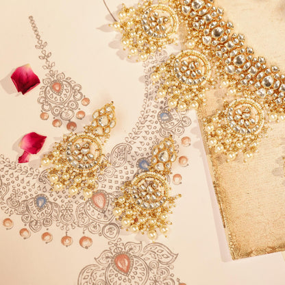 Gold Kundan Choker Necklace Set with Earrings, Bridal Polki Jewelry Set, Pearl Drop Indian Wedding Jewelry, Traditional Ethnic Statement Set