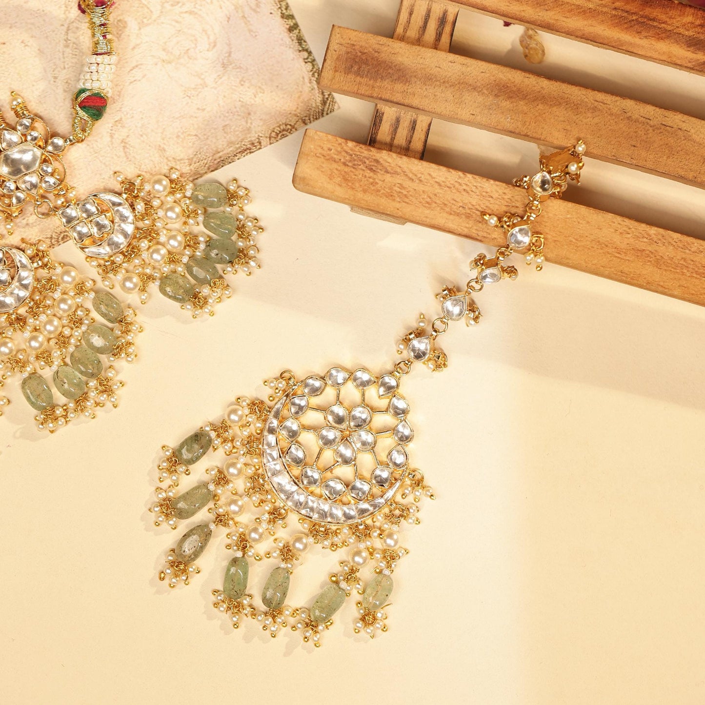 Gold Kundan Bridal Necklace Set with Maang Tikka & Jhumka Earrings, Green Beaded Wedding Jewelry, Bridal Choker Set, Pearl Polki Jewelry