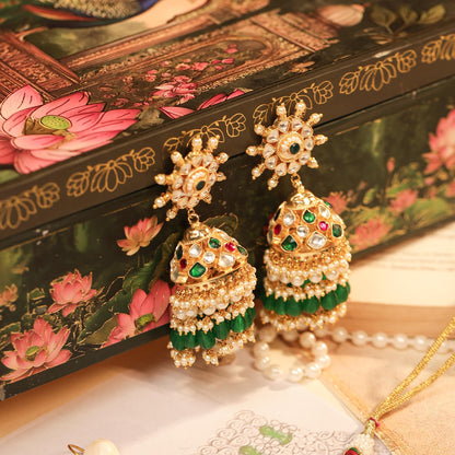 Gold Kundan Bridal Choker Set with Jhumka Earrings, Red Green Stone Necklace, Indian Wedding Jewelry Set, Pearl Drop Bridal Jewelry