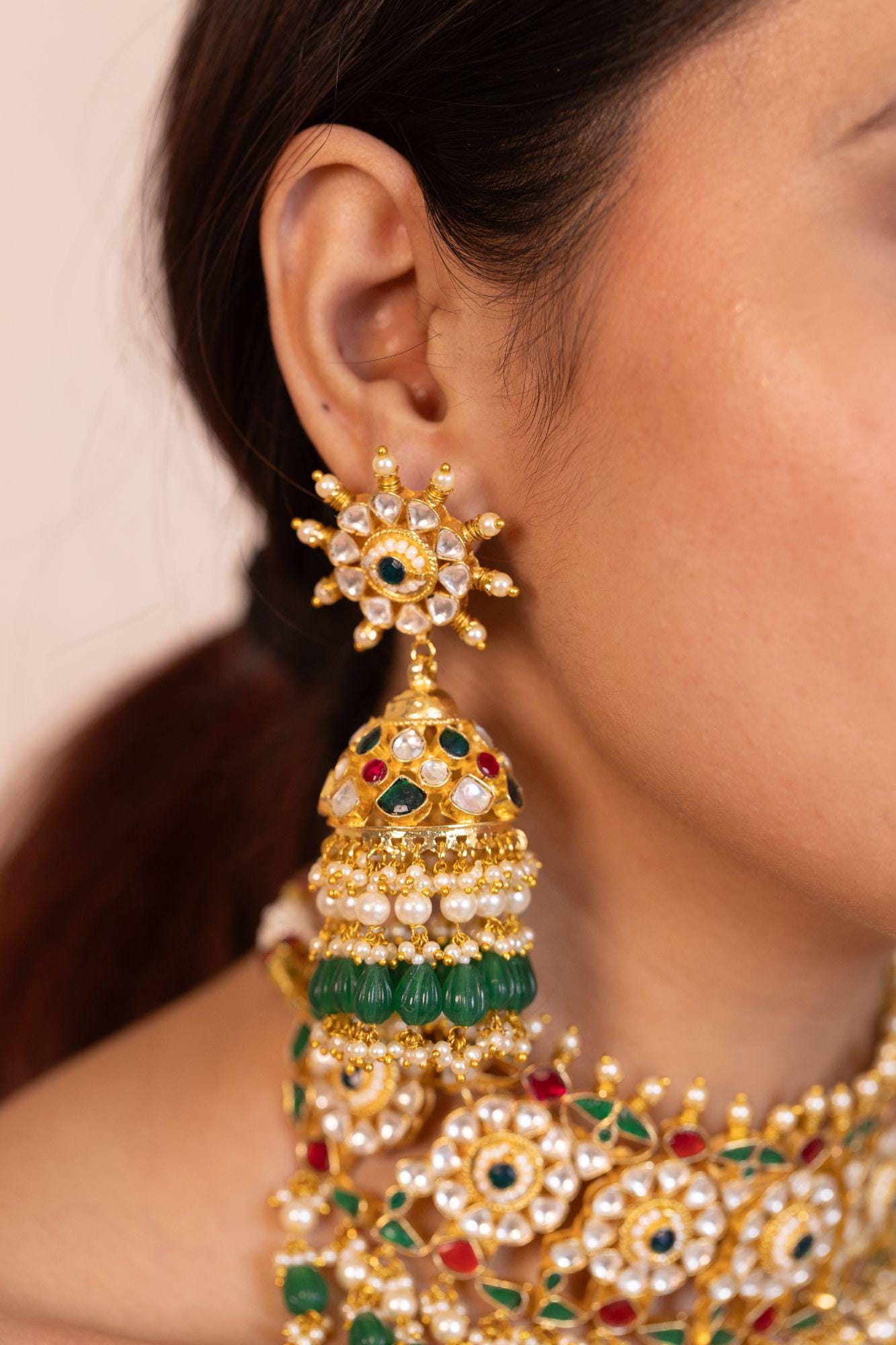 Gold Kundan Bridal Choker Set with Jhumka Earrings, Red Green Stone Necklace, Indian Wedding Jewelry Set, Pearl Drop Bridal Jewelry