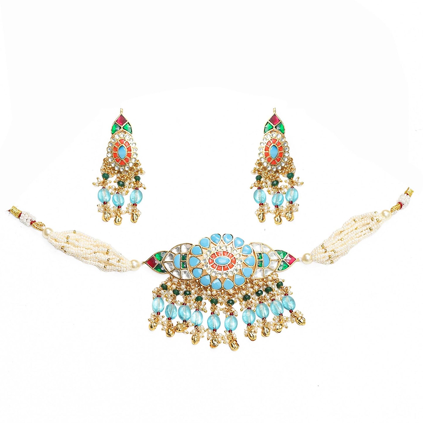 Blue Kundan Choker Necklace Set with Earrings, Bridal Jewelry, Pearl Multi Strand Choker, Polki Wedding Jewelry, Ethnic Necklace Jewelry