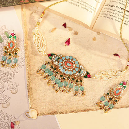 Blue Kundan Choker Necklace Set with Earrings, Bridal Jewelry, Pearl Multi Strand Choker, Polki Wedding Jewelry, Ethnic Necklace Jewelry